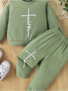 Kids Olive Green Matching Sweatshirt & Jogger Set - Faith Script